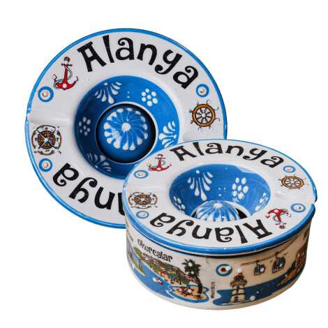 Alanya Temalı Yöresel Seramik Kapaklı Küçük Küllük 110 Mm - 1