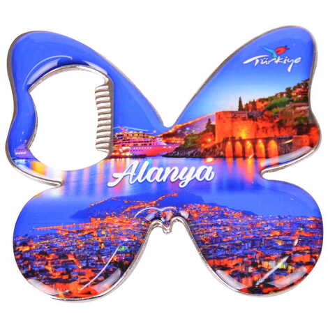 Alanya Themed Butterfly Shaped Metal Magnetic Bottle Opener 70x70 mm