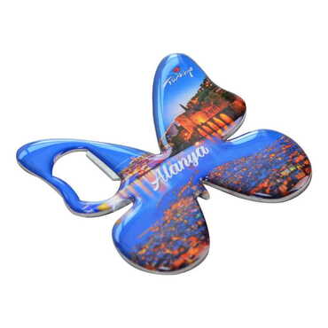 Alanya Themed Butterfly Shaped Metal Magnetic Bottle Opener 70x70 mm - Thumbnail