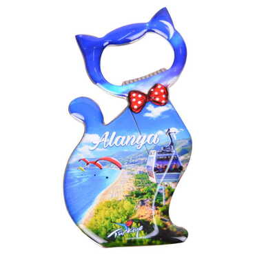 Alanya Themed Cat Shaped Metal Magnetic Bottle Opener 97x48 mm - Thumbnail