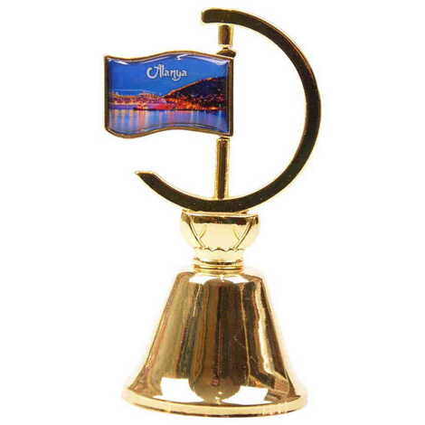 Alanya Themed Collectible Souvenir Double Face Metal Spinner Flag Bell - Golden Color - 1