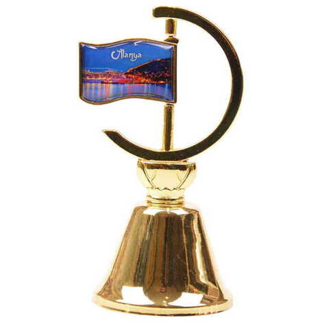 Alanya Themed Collectible Souvenir Double Face Metal Spinner Flag Bell - Golden Color