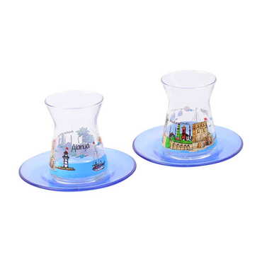 Myros - Alanya Themed Custom Printed Turkish Tea Glass Set Of 2 Pcs