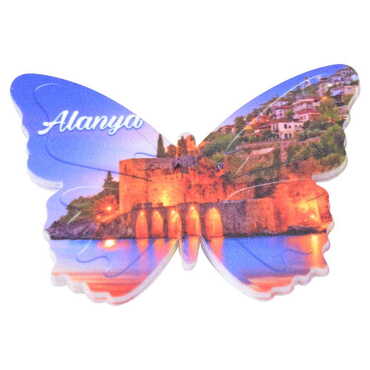 Myros - Alanya Themed Customised UV Printed Plastic Base Butterfly Shaped Fridge Magnet 80x58 mm