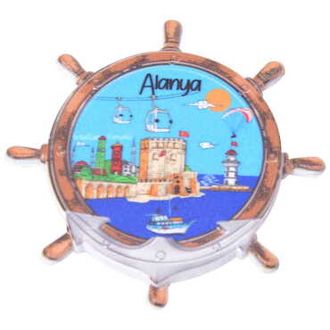 Alanya Themed Customised UV Printed Plastic Base Marin Rudder Shaped Fridge Magnet 82x82 mm - Thumbnail