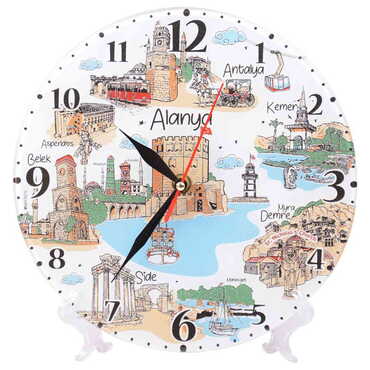 Alanya Themed Decorative Custom Print Glass Wall Watch 25 Cm - Thumbnail