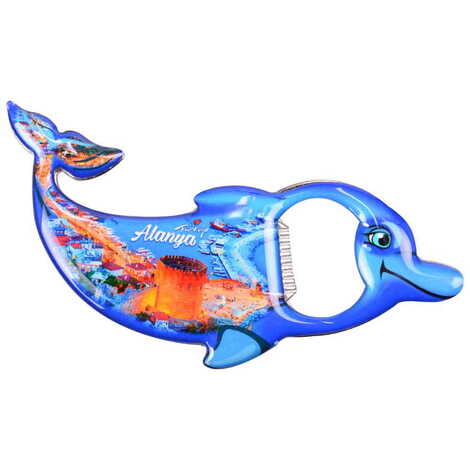 Alanya Themed Dolphin Shaped Metal Magnetic Bottle Opener 102x67 mm