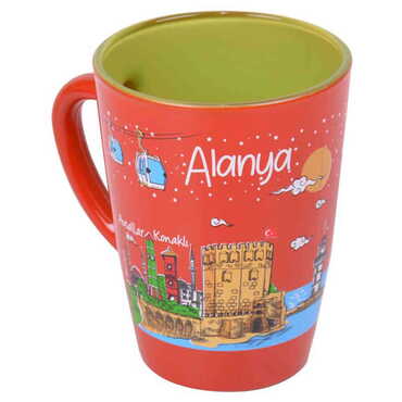 Alanya Themed Duo Colored and Printed Glass Mug - Thumbnail