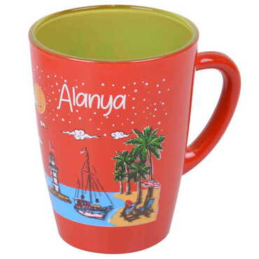 Alanya Themed Duo Colored and Printed Glass Mug - Thumbnail