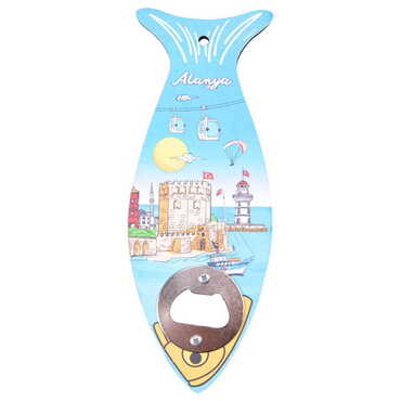 Alanya Themed Fish Shaped Printed MDF Wooden Bottle Opener 190x70 mm - Thumbnail