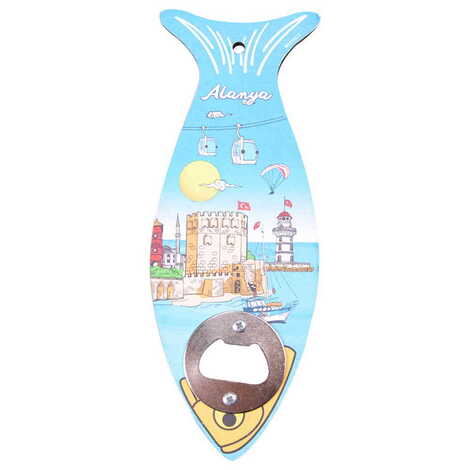 Alanya Themed Fish Shaped Printed MDF Wooden Bottle Opener 190x70 mm