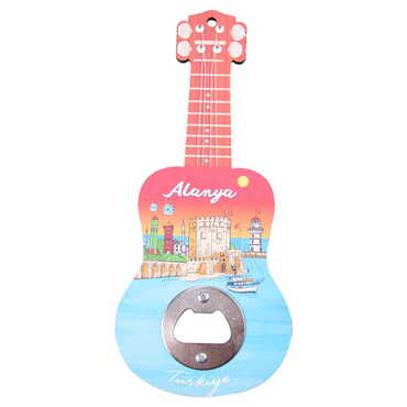 Alanya Themed Guitar Shaped Printed MDF Wooden Bottle Opener 200x89 mm - Thumbnail