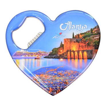 Alanya Themed Heart Shaped Metal Magnetic Bottle Opener 85x76 mm - Thumbnail