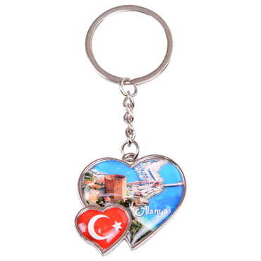 Myros - Alanya Themed Metal Double Heart Shaped Keychain 40x94 mm