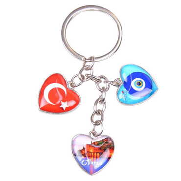 Alanya Themed Metal Keychain With 3 Charms - Heart 40x85 mm - Thumbnail