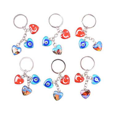 Alanya Themed Metal Keychain With 3 Charms - Heart 40x85 mm - 2