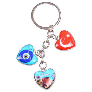 Alanya Themed Metal Keychain With 3 Charms - Heart 40x85 mm - 3