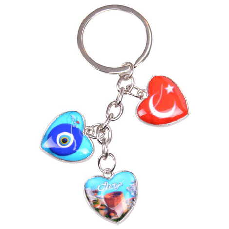 Alanya Themed Metal Keychain With 3 Charms - Heart 40x85 mm - 3
