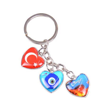 Alanya Themed Metal Keychain With 3 Charms - Heart 40x85 mm - 4
