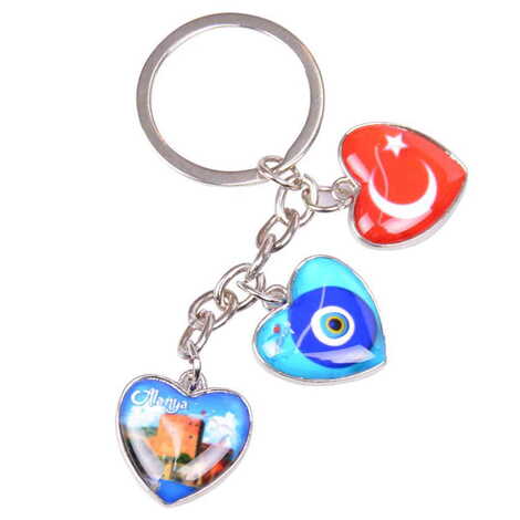 Alanya Themed Metal Keychain With 3 Charms - Heart 40x85 mm - 5