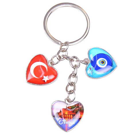 Alanya Themed Metal Keychain With 3 Charms - Heart 40x85 mm - 6