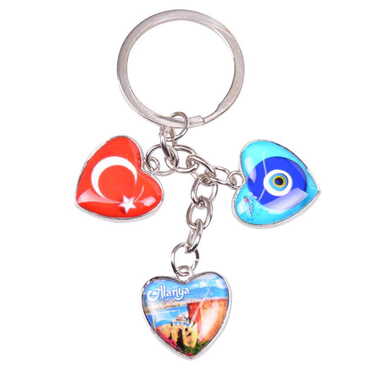 Alanya Themed Metal Keychain With 3 Charms - Heart 40x85 mm - 7