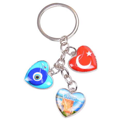 Alanya Themed Metal Keychain With 3 Charms - Heart 40x85 mm - 8