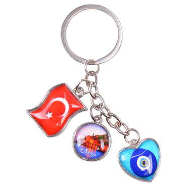 Alanya Themed Metal Keychain With 3 Charms - Mixed 40x90 mm - Thumbnail