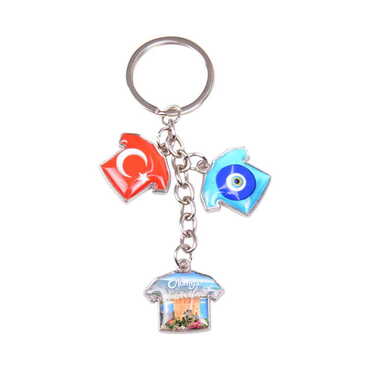 Myros - Alanya Themed Metal Keychain With 3 Charms - T-Shirt 40x95 mm