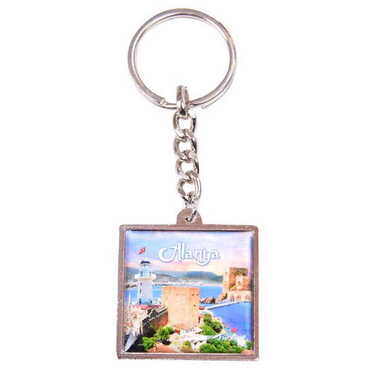 Alanya Themed Metal Square Shaped Double Face Keychain 36x95 mm - Thumbnail