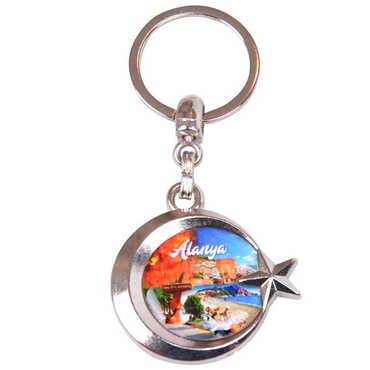 Myros - Alanya Themed Metal Turkish Flag Enamel Keychain