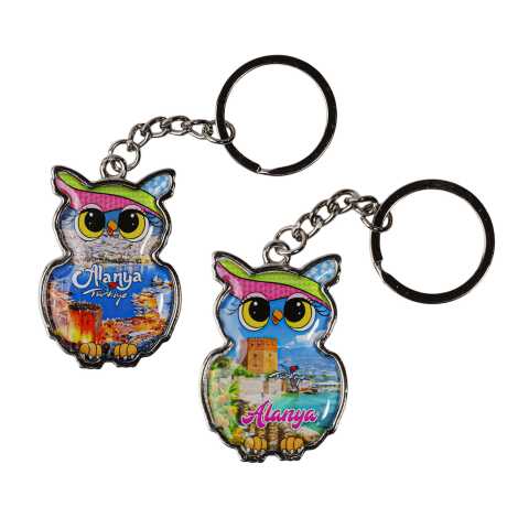 Alanya Themed Owl Shaped Metal Keychain - 2