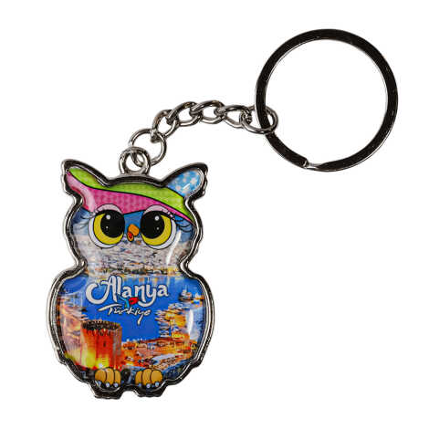 Alanya Themed Owl Shaped Metal Keychain - 3