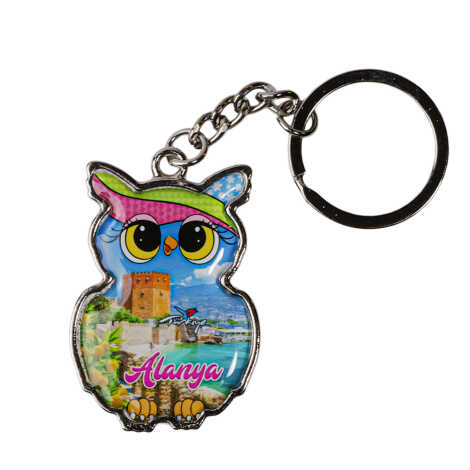 Alanya Themed Owl Shaped Metal Keychain - 4