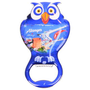 Alanya Themed Owl Shaped Metal Magnetic Bottle Opener 88x47 mm - Thumbnail