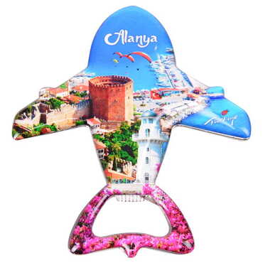 Myros - Alanya Themed Plane Shaped Metal Magnetic Bottle Opener 105x89 mm