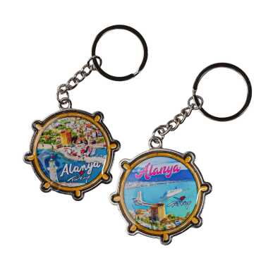 Alanya Themed Steering Wheel Shaped Metal Keychain - 2