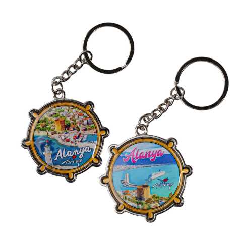 Alanya Themed Steering Wheel Shaped Metal Keychain - 2