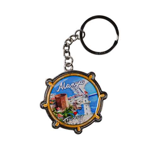 Alanya Themed Steering Wheel Shaped Metal Keychain - 4