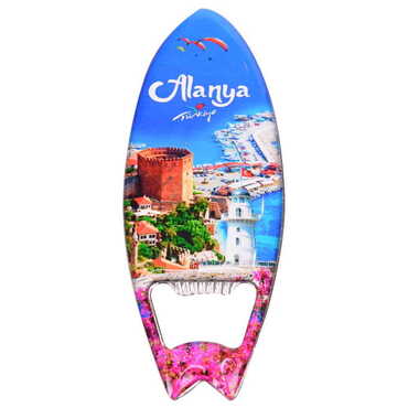 Alanya Themed Surf Board Shaped Metal Magnetic Bottle Opener 128x45 mm - Thumbnail