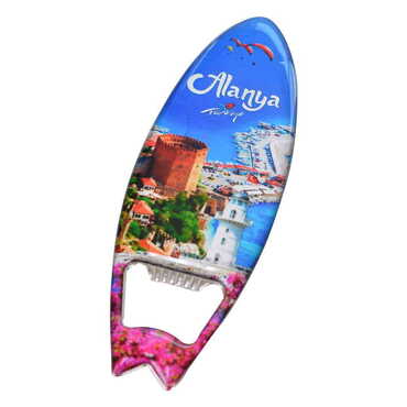 Alanya Themed Surf Board Shaped Metal Magnetic Bottle Opener 128x45 mm - Thumbnail