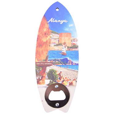 Myros - Alanya Themed Surf Board Shaped Printed MDF Wooden Bottle Opener 185x72 mm