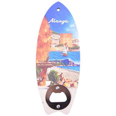 Alanya Themed Surf Board Shaped Printed MDF Wooden Bottle Opener 185x72 mm