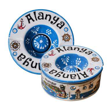 Alanya Themed Traditional Ceramic Lidded Small Ashtray 110 mm - Myros
