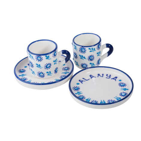 Alanya Themed Traditional Evil Eye Embossed Turkish Coffee Set for Two - 2