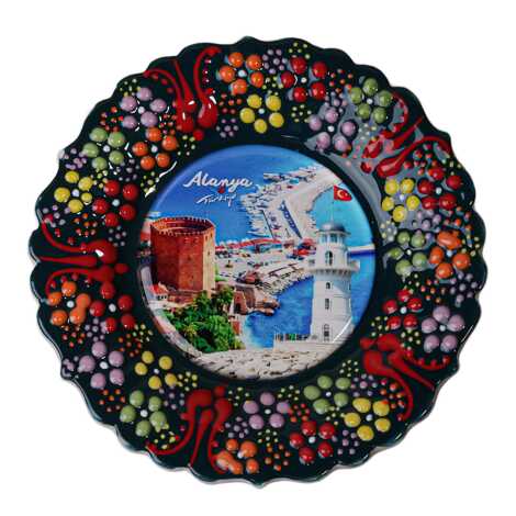 Alanya Themed Turkish Ceramic Plate With Epoxy 12 Cm - 17