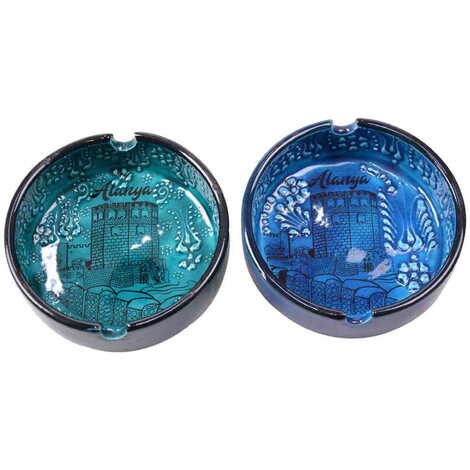 Alanya Themed Turkish Ceramic Turquoise Ashtray Big Size - 2