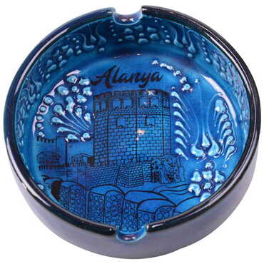 Alanya Themed Turkish Ceramic Turquoise Ashtray Big Size - 4