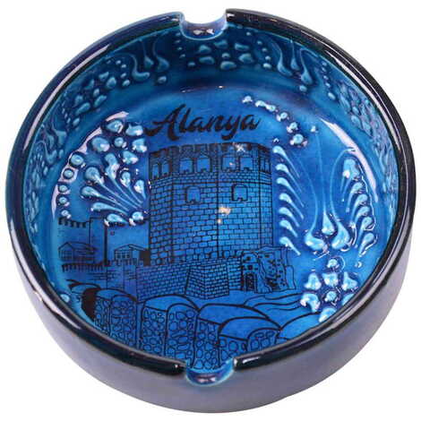 Alanya Themed Turkish Ceramic Turquoise Ashtray Big Size - 4
