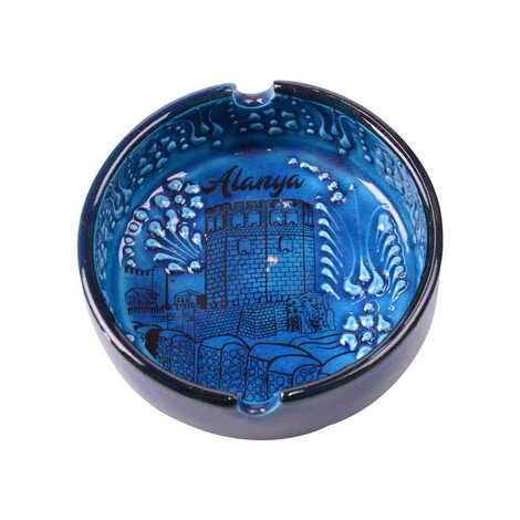 Alanya Themed Turkish Ceramic Turquoise Ashtray Big Size